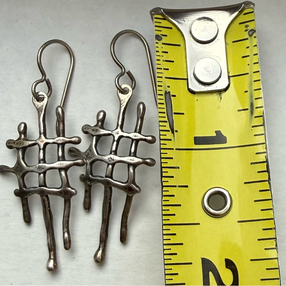 Handcrafted Silver-Tone Grid Drop Earrings - Picture 2 of 7